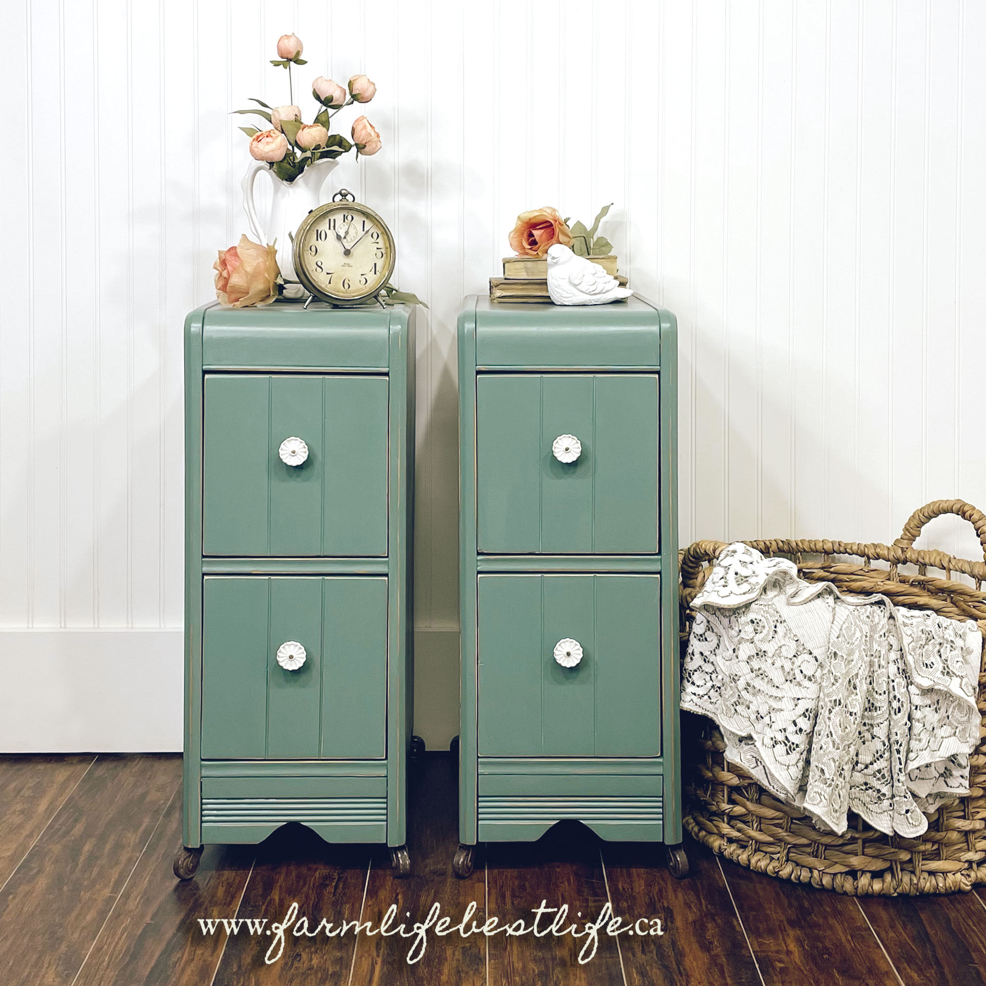 Pair of Accent Tables in Wanderess with White Ceramic Knobs