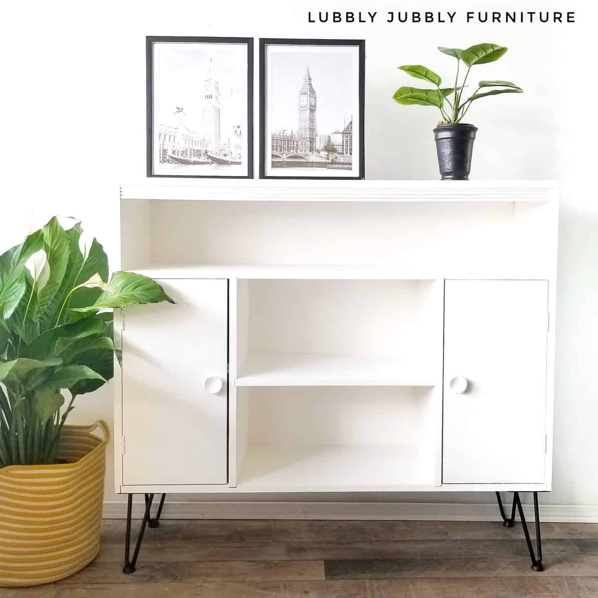 White chalk furniture paint MCM cabinet with hairpin legs