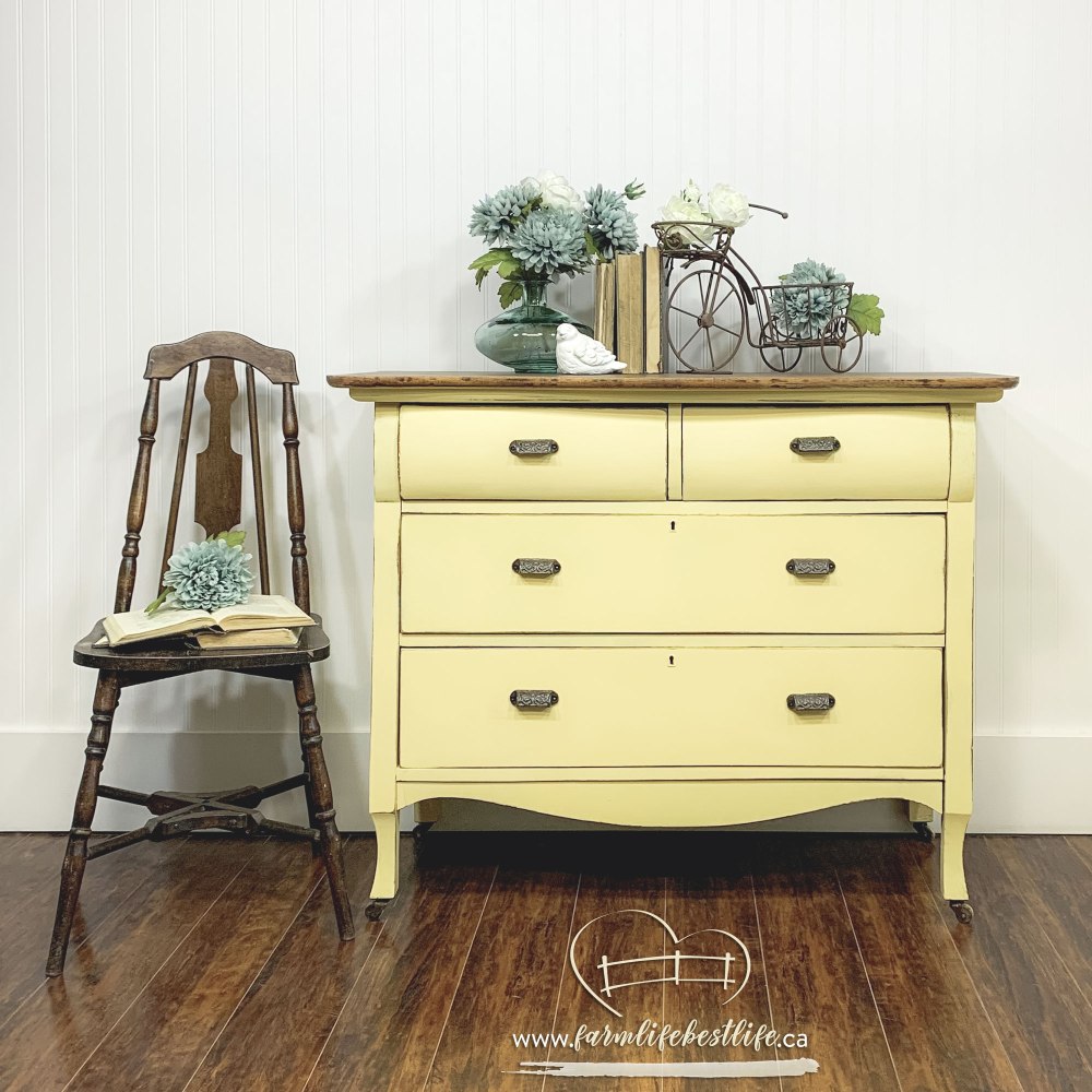 Empire Three Drawer Dresser in Luminous with Natural Wood Top and Casters