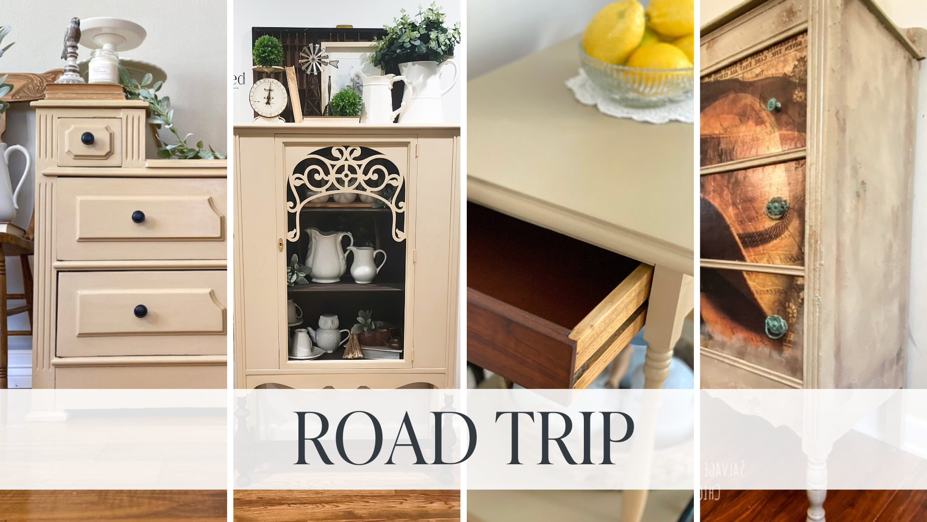 4 images showcasing decor painted with the colour Road Trip