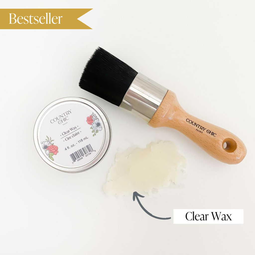 Flatlay of natural clear wax from country chic paint next to wax brush and smear of wax