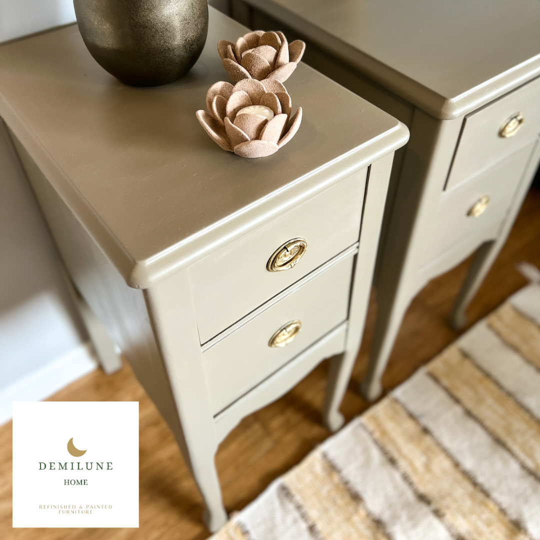 Brown painted matching nightstands with gold hardware