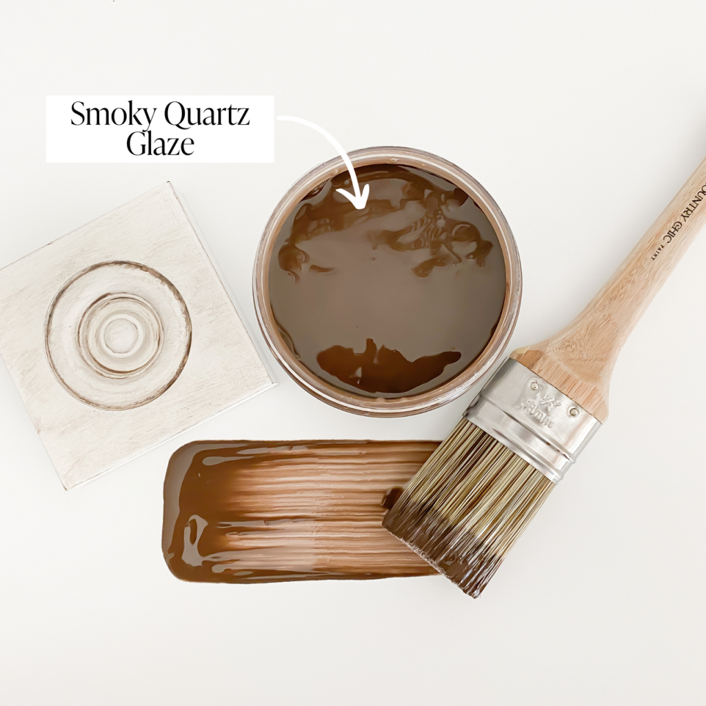 Flatlay jar of smoky quartz chocolate brown furniture glaze with brush stroke showing color and sample board