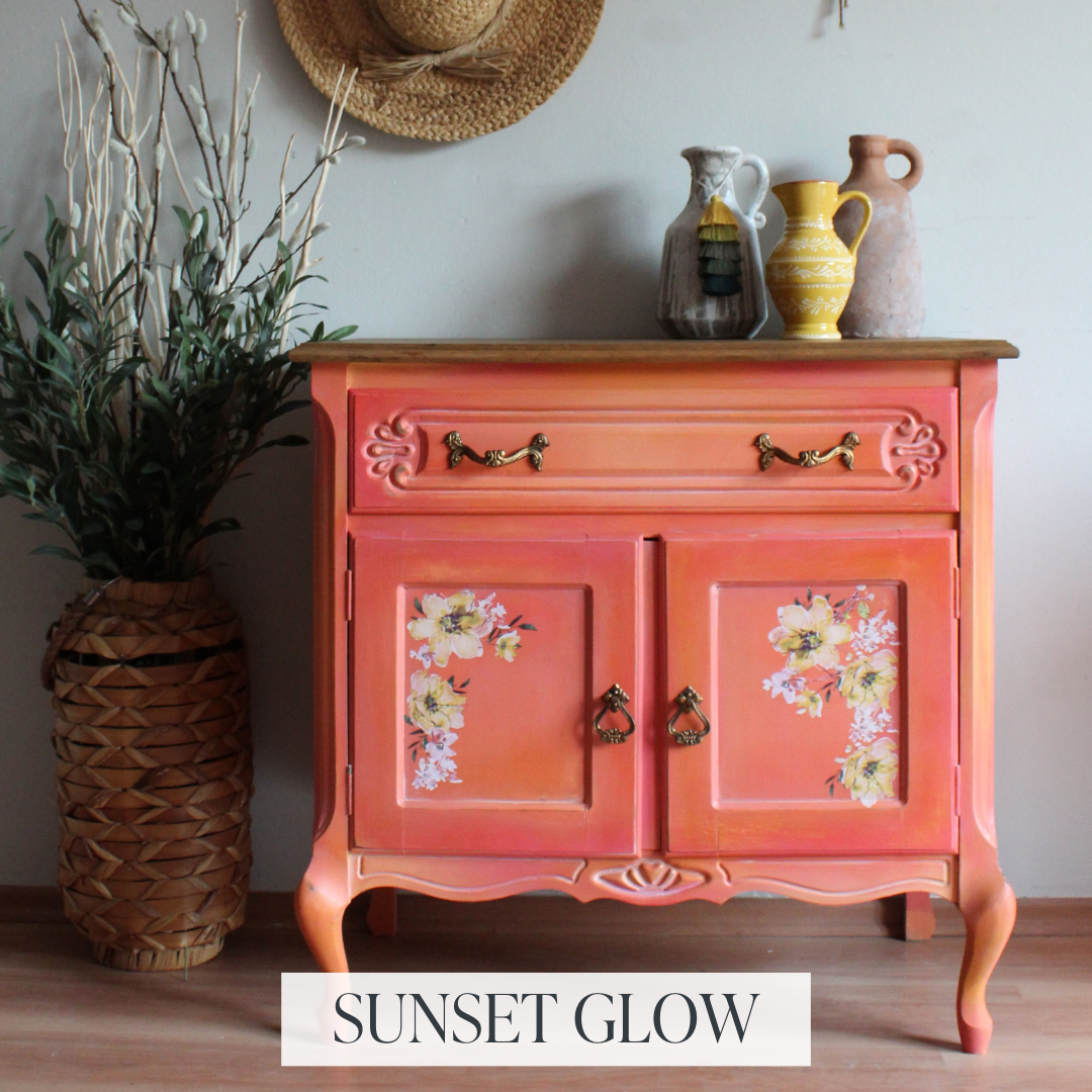 Pink and orange blended coral washstand cabinet with floral details