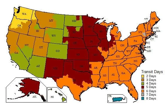 Image of United States shipping times by state.