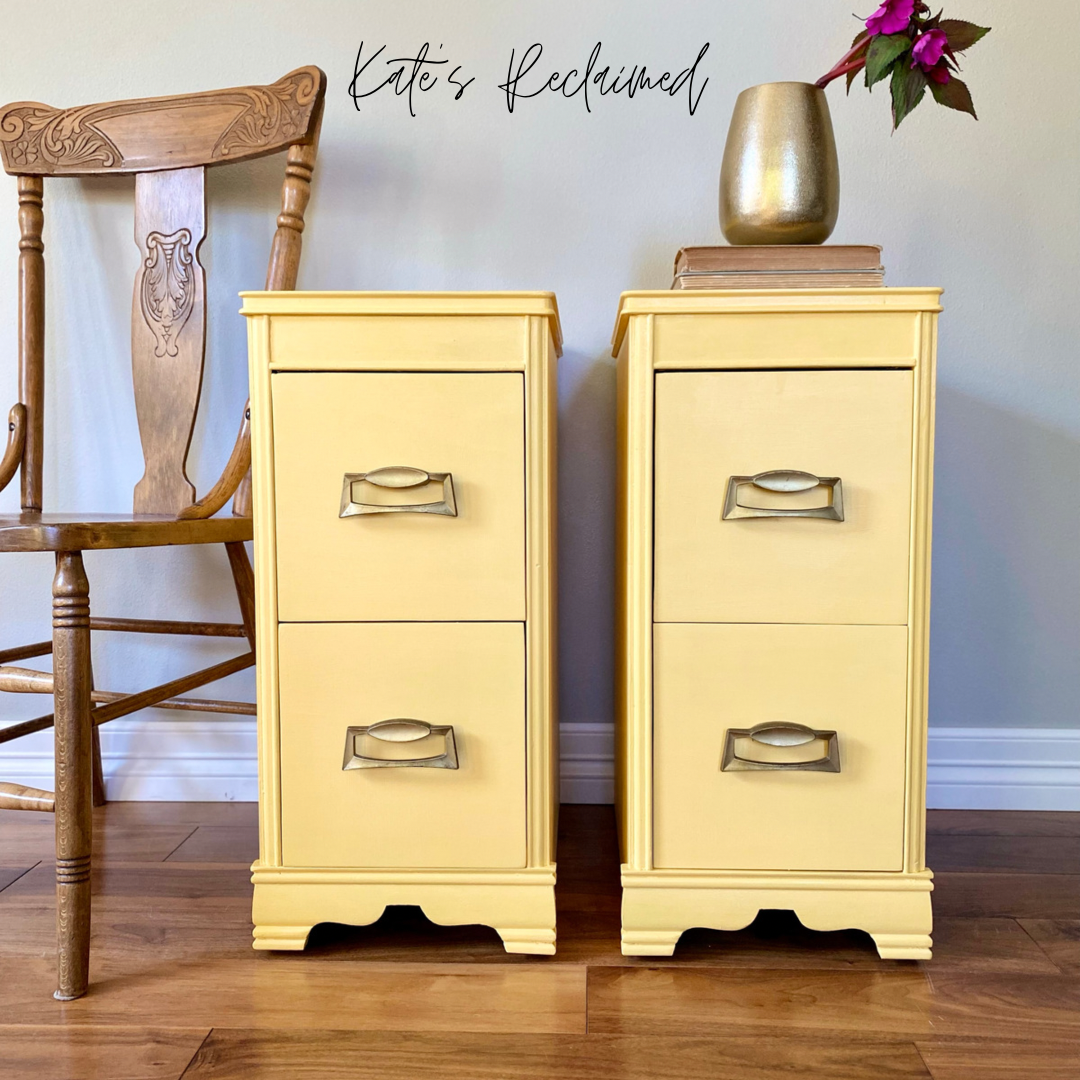 Vanity upcycled into matching yellow painted nightstands