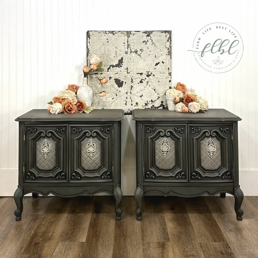 Grey and black blended ornate antique style matching nightstands end tables